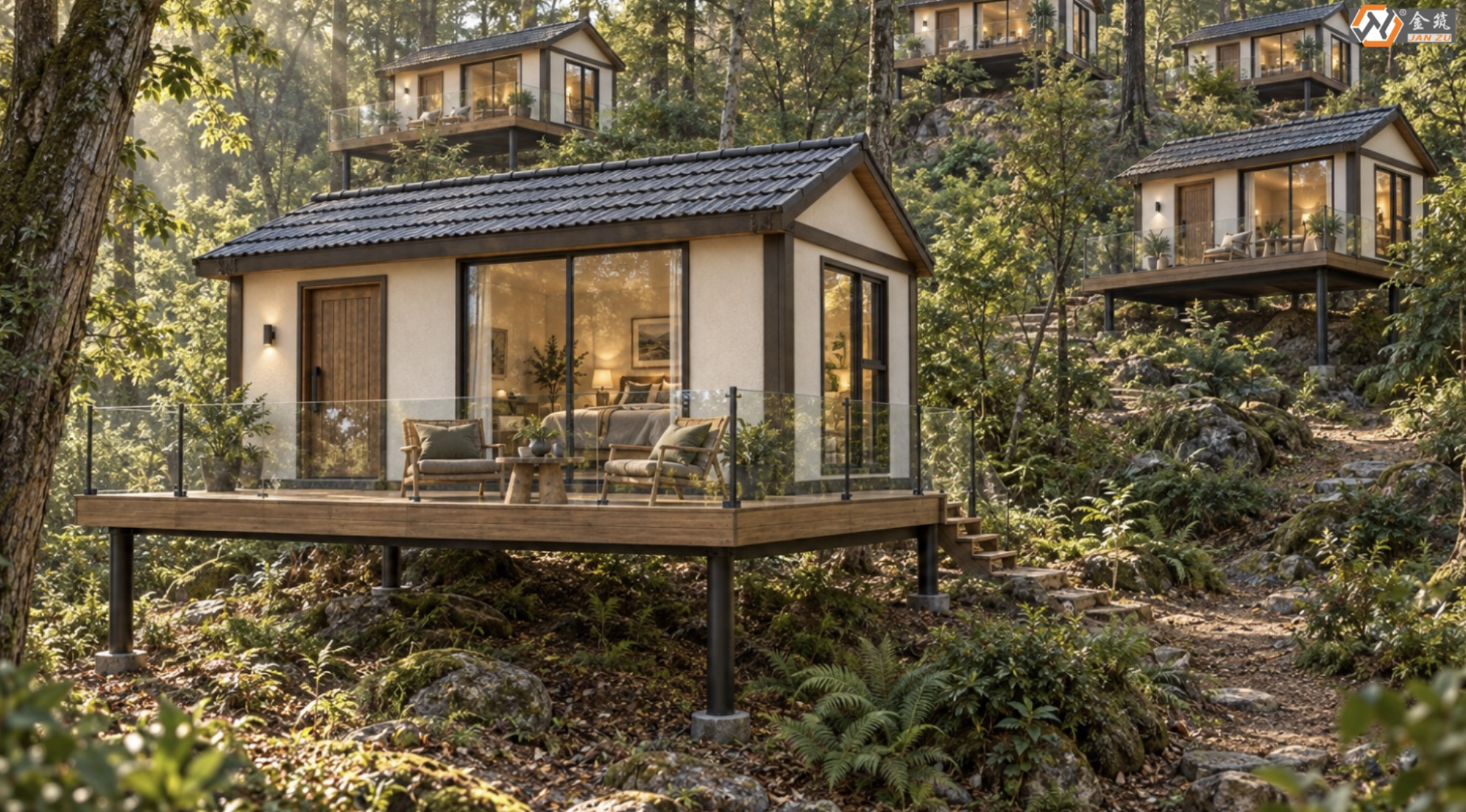 Retraite en forêt avec lodges surélevés